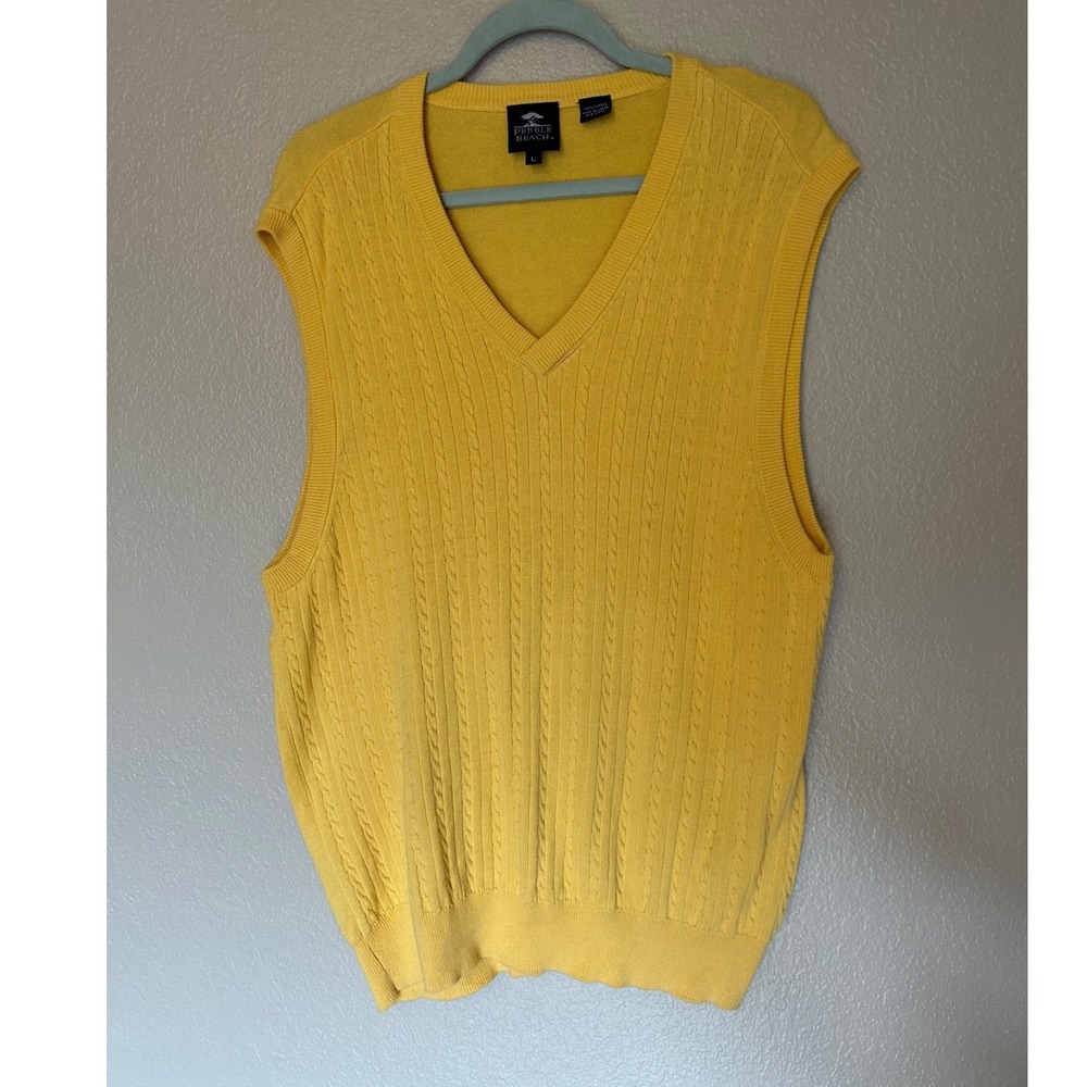 Pebble Beach Yellow Cable Knit V-Neck Sweater Vest 100% Cotton Large